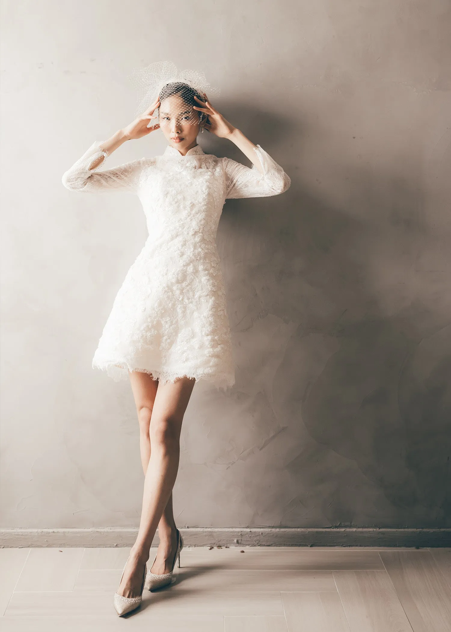 Amour Florette Long Sleeves Allover Lace Mini Qipao (RTW)