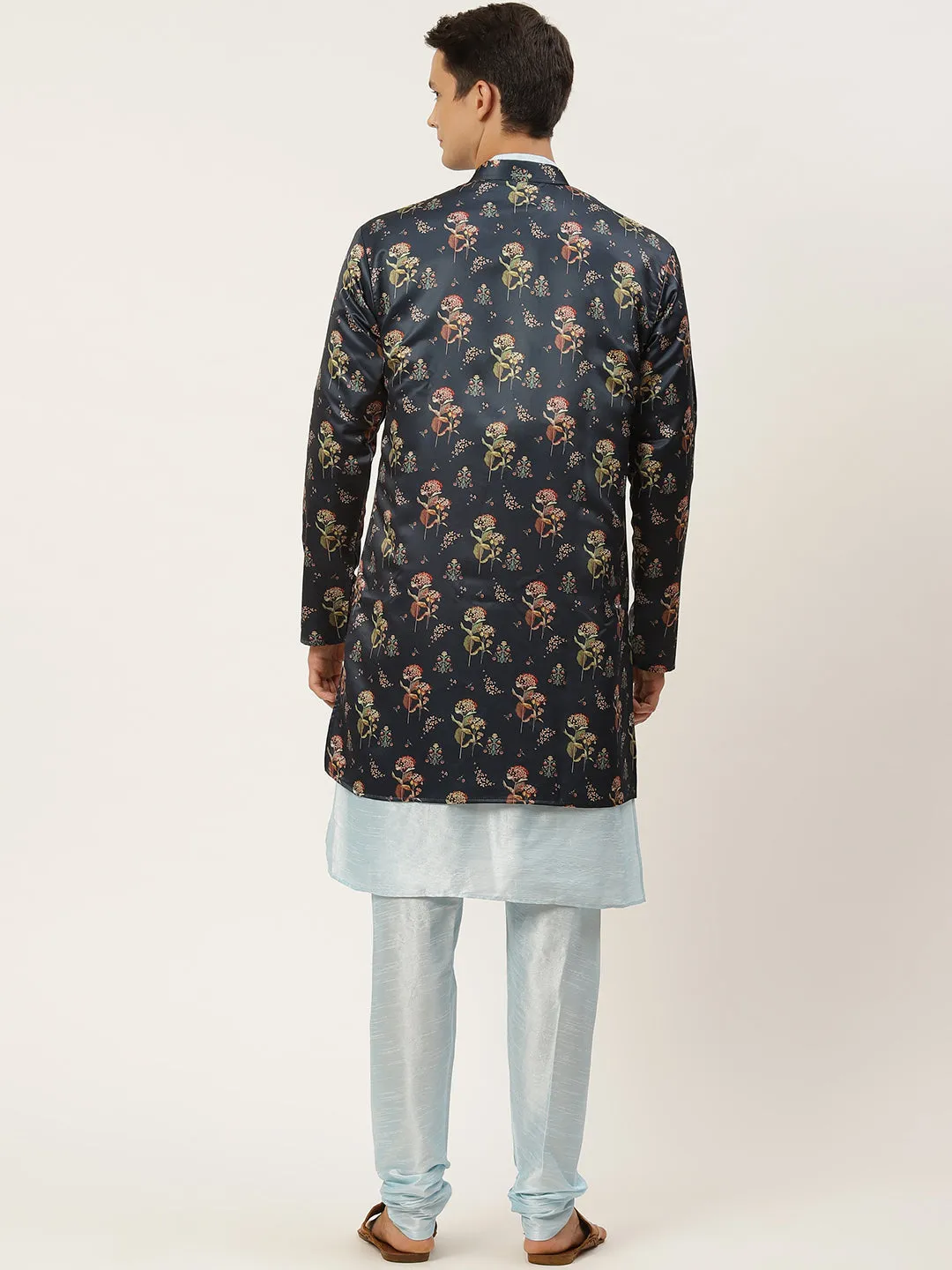 Men's Silk Blend Sky Blue Kurta Pyjama & Navy Jacket Combo - Sojanya