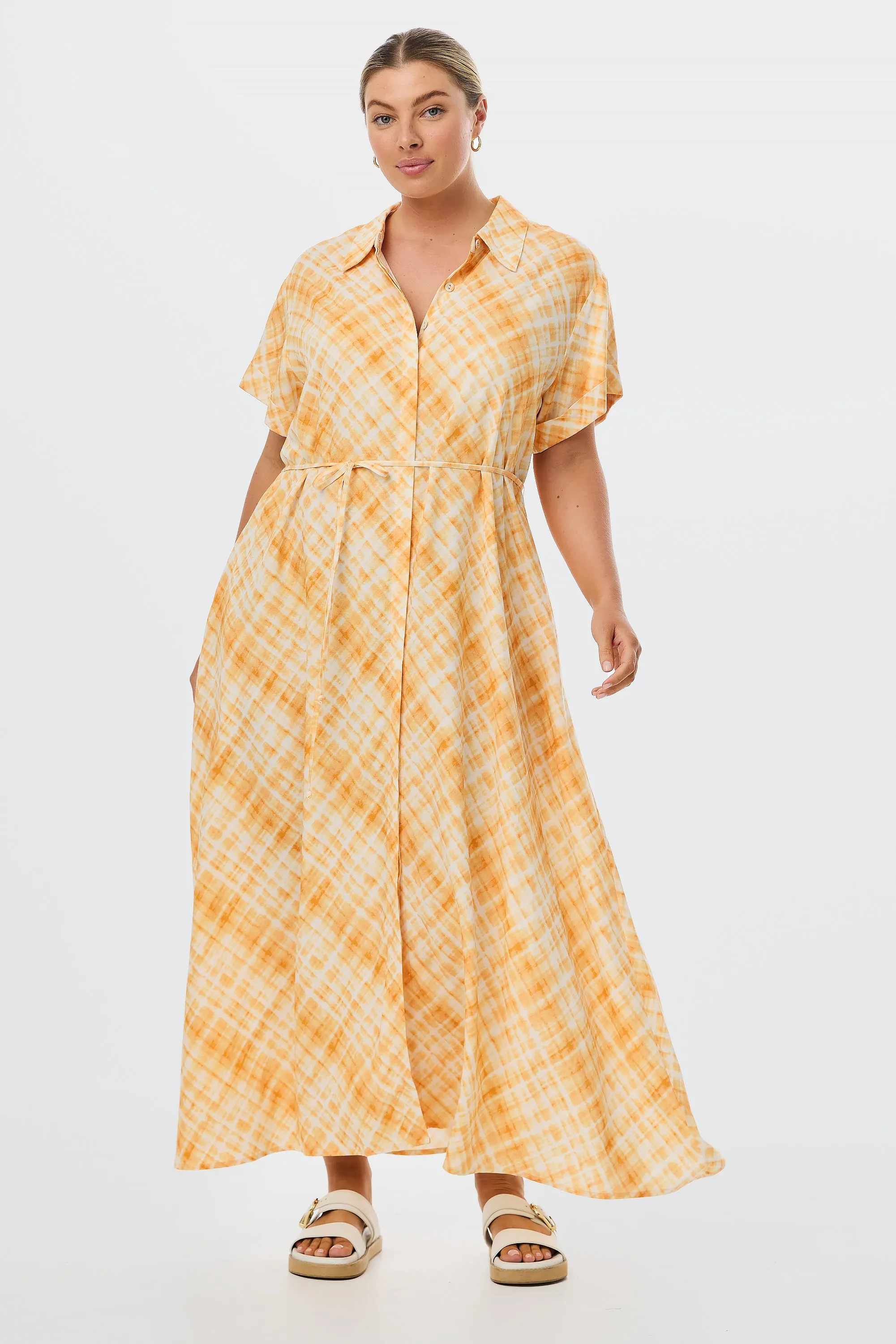 Midi Shirt Dress - Tangerine Check